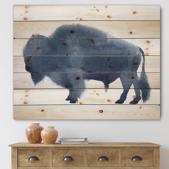 Designart - Navy Blue Bison Silhouette - Farmhouse Print on Natural Pine Wood